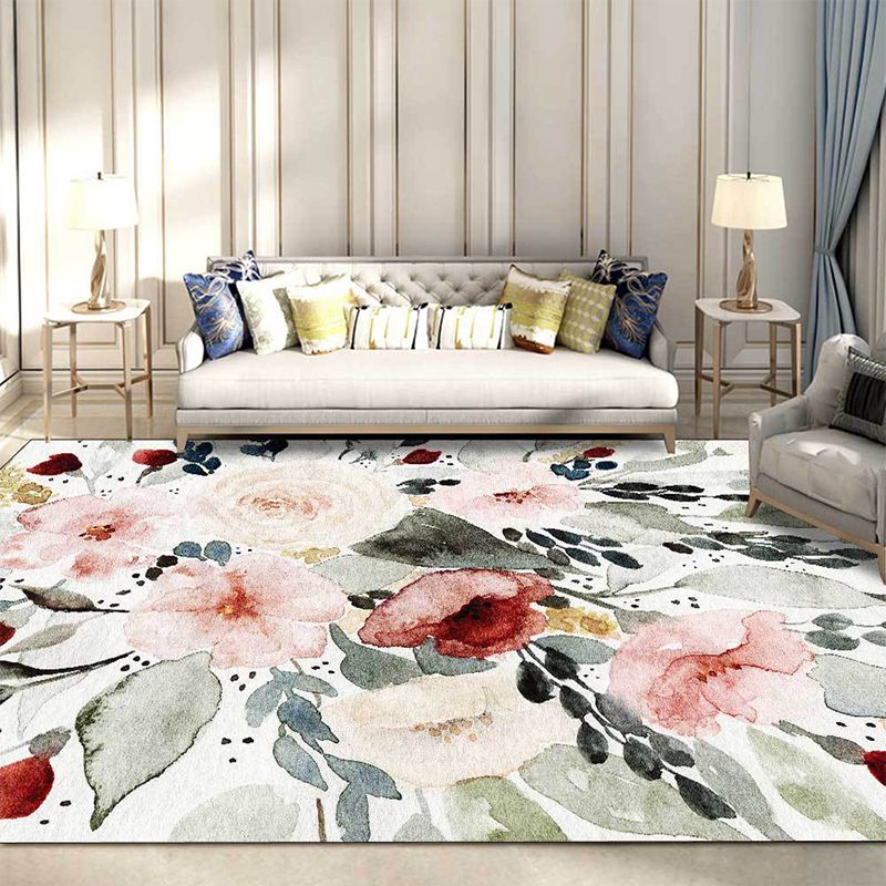 Green French Country Rug Polyester Floral and Leaf Pattern Rug Washable Non-Slip Backing Area Rug for Living Room