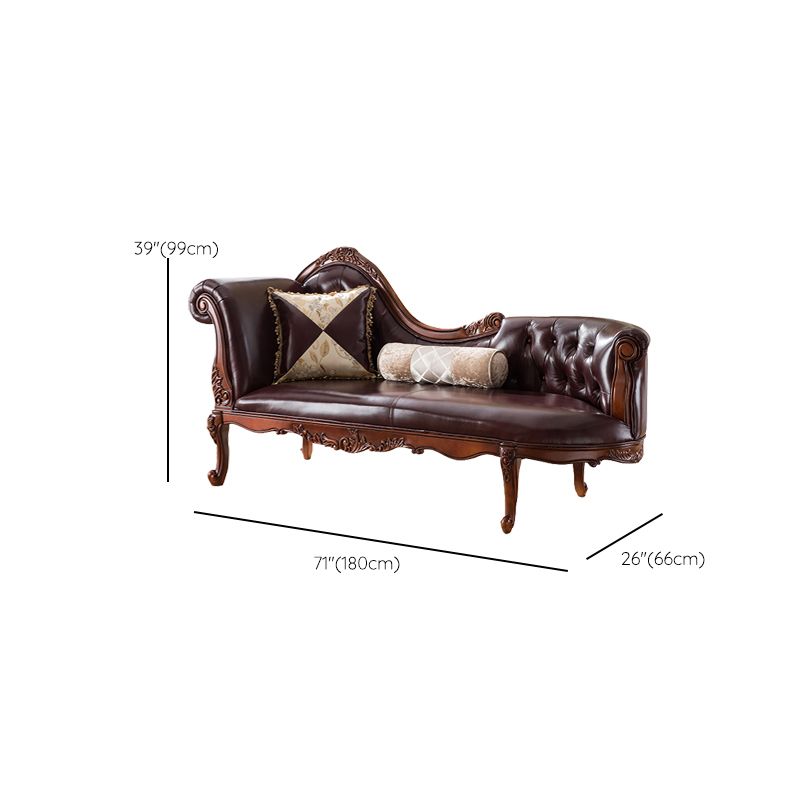 Traditional Brown Genuine Leather Chaise Rolled Arms Tufted Accent Chair