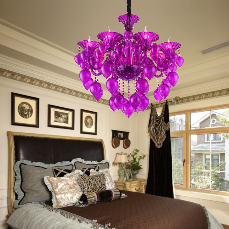 Candelabra Crystal Drop Cucil Light Traditional 6 teste Lampaggio del soggiorno in cristallo blu/viola/rosso
