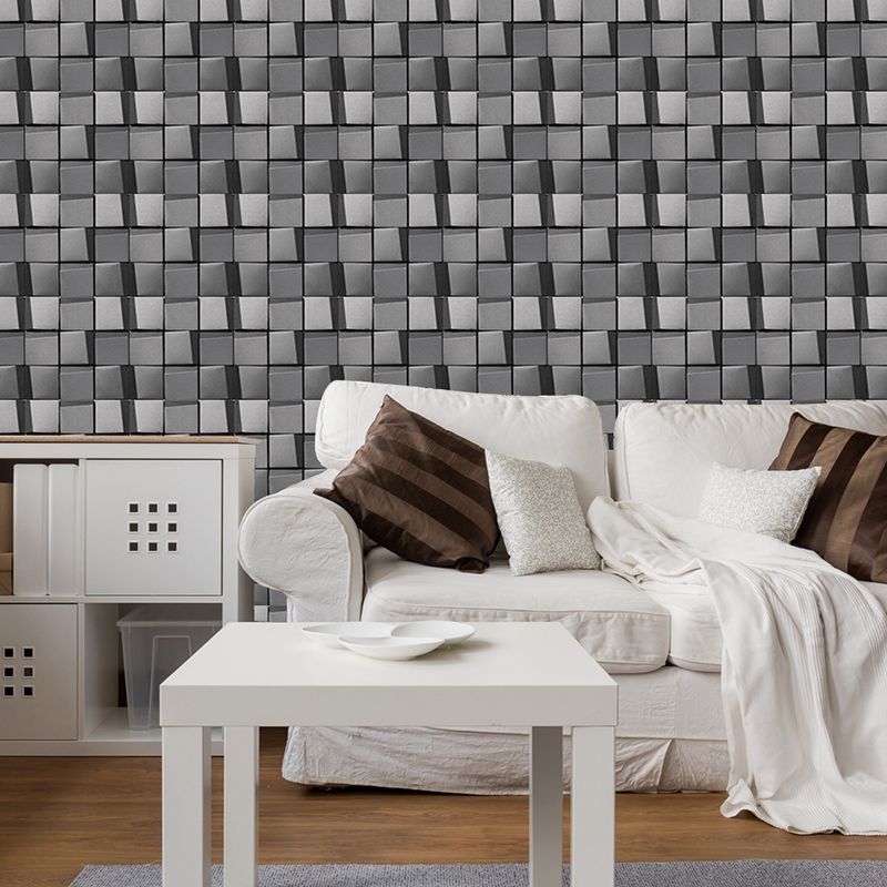 3D Cube Look Wallpaper Panels Modern Smooth Adhesive Wall Decor in Grey for Kitchen