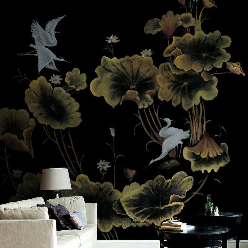 Lotus Field and Halcyon Murals Chinoiserie Waterproof Bedroom Wall Covering, Custom Made