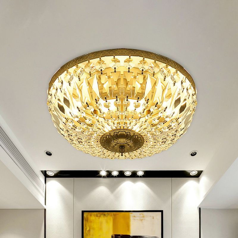 Modernism Dome Flush Light Clear Crystal Strand 4-Head Living Room Ceiling Lamp Fixture in Brass