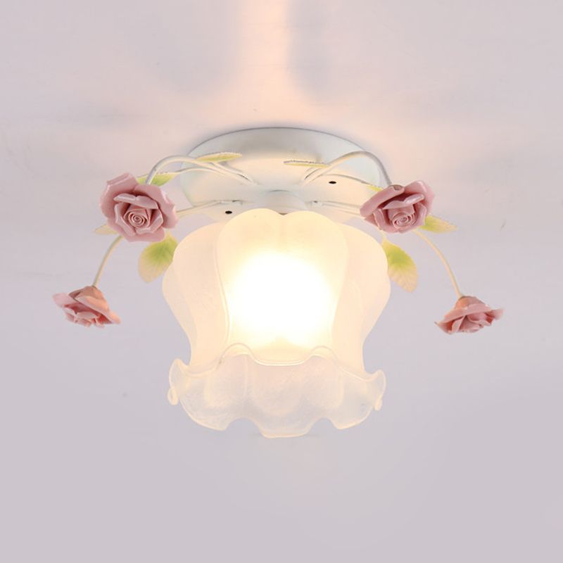 Flowerbud Cream Matte Glass Semi Flush Pastoral 1 Bulb Corridor Ceiling Mount Light in Yellow-Pink/White-Pink