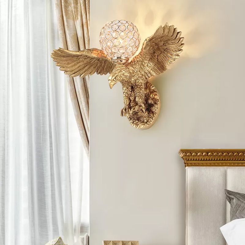Eagle Living Room Wall Light Fixture Rustic Resin Single Head Gold Wall Sconce Lighting with Orb K9 Crystal