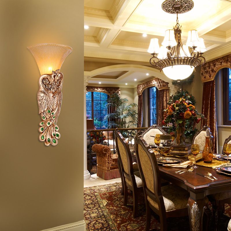 Single Head Wall Sconce Countryside Inverted Cone Amber Fluted Glass Wall Mounted Lamp with Peacock Decor in Gold