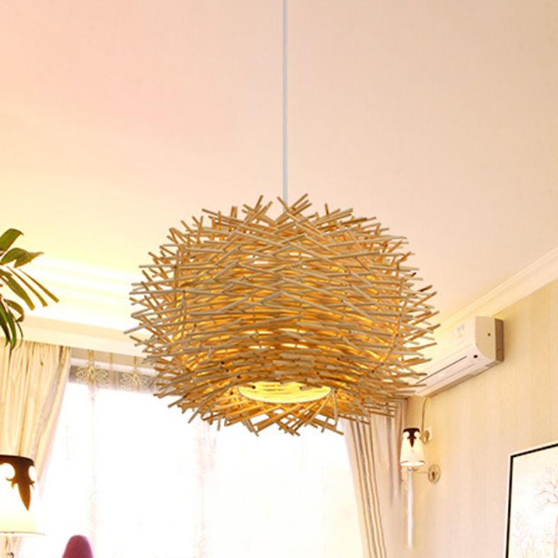 Bird Nest Pendant Light Kit Japanese Rattan Living Room Hanging Ceiling Light in Beige