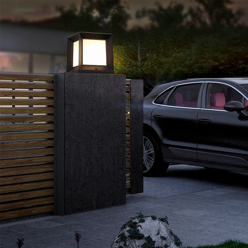 Contemporary Metal Pillar Lamp Rectangle Shape Outdoor Waterproof Light with Plastic Shade