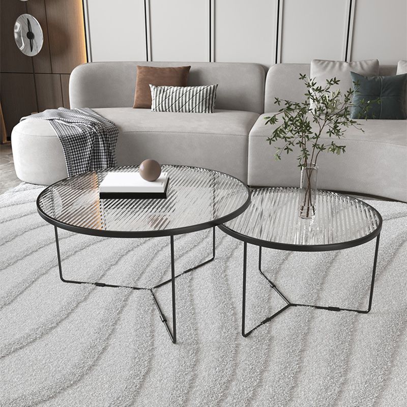 Contemporary Cross Legs Glass Round Metal Nesting Coffee Table Set