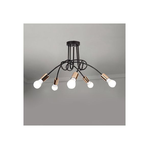 Twisted Metallic Semi-Flush Ceiling Light Industrial 3/5 Lights Hallway Semi Flush Pendant Light with Bare Bulb in Black