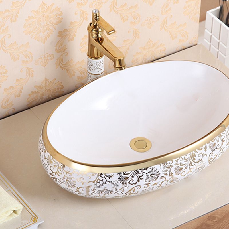 Traditional Vessel Sink Oval Porcelain with Pop-Up Drain Vessel Lavatory Sink
