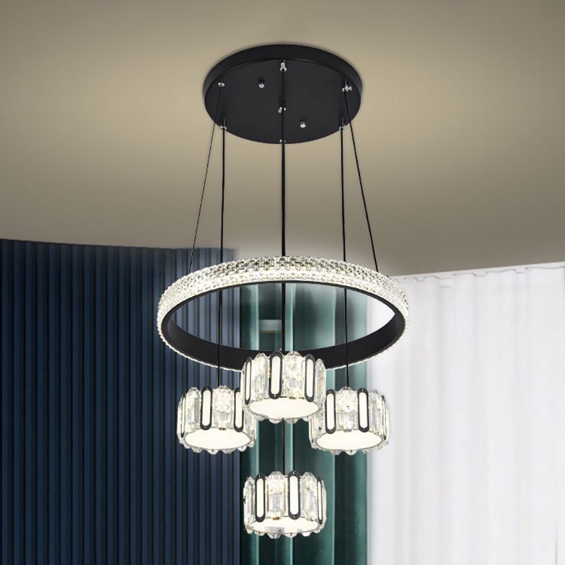 Ciondolo a cluster circolare nero moderno lampada a sospensione a LED a 5 luci a 5 luci per sala da pranzo