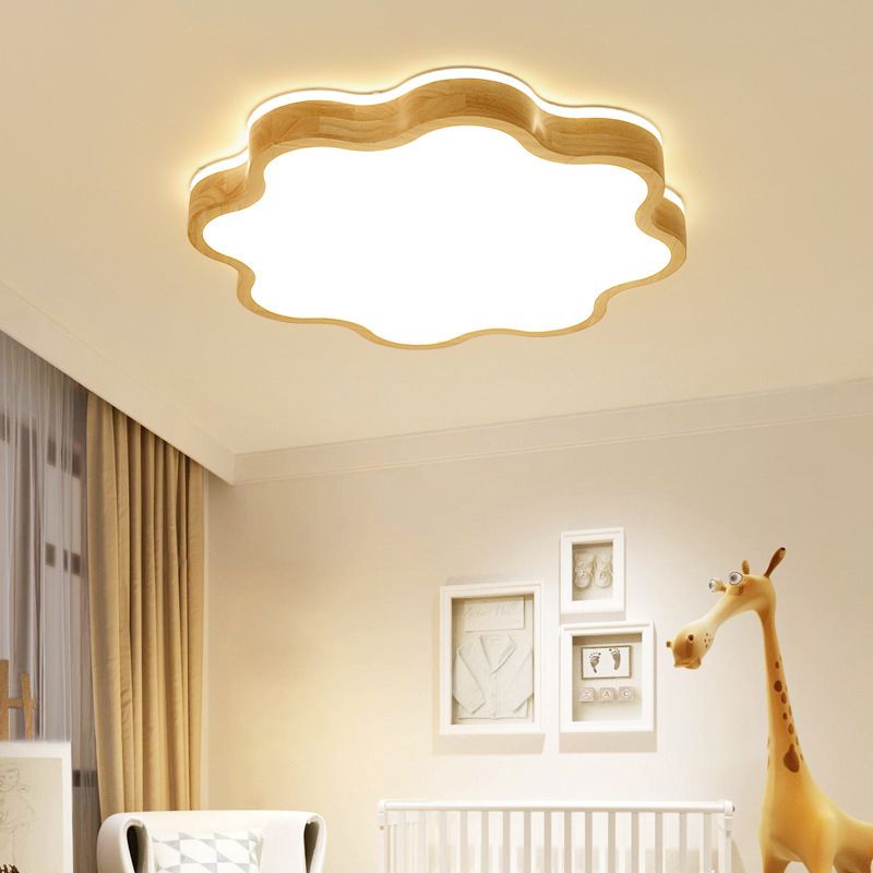 Children Cloud Shaped Flush Mount Light Wood Bedroom LED Flush Ceiling Light Fixture