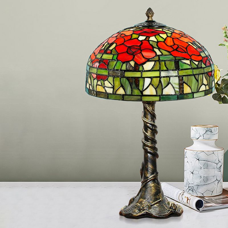 Dome Desk Lamp Tiffany-Style Multicolored Stained Glass 1-Light Green-Red Task Lighting with Trunk Base