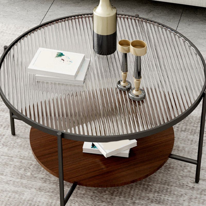 Round Glass Cross Legs Coffee Cocktail Table with Storage Shelf - 17.7" H