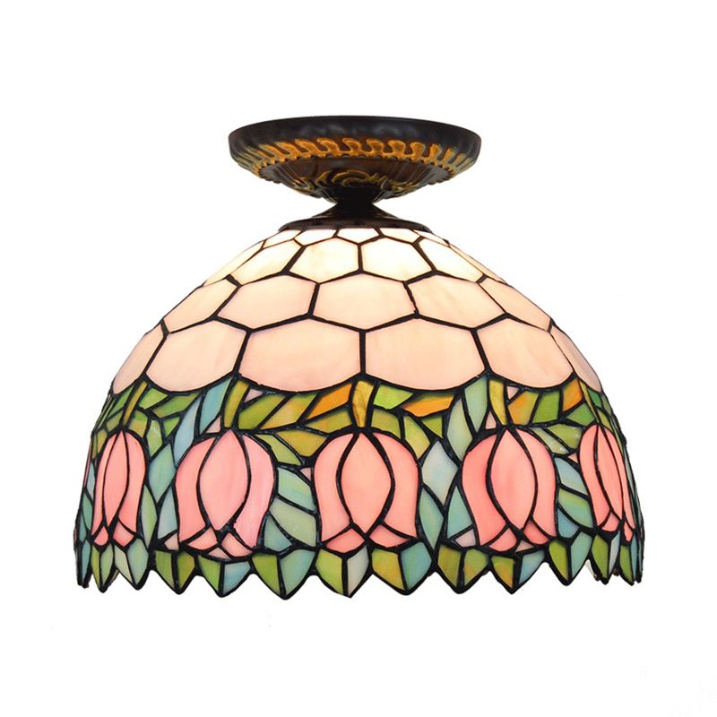 Plafonnier floral en verre teinté de style Tiffany, éclairage encastré en bronze à ampoule unique