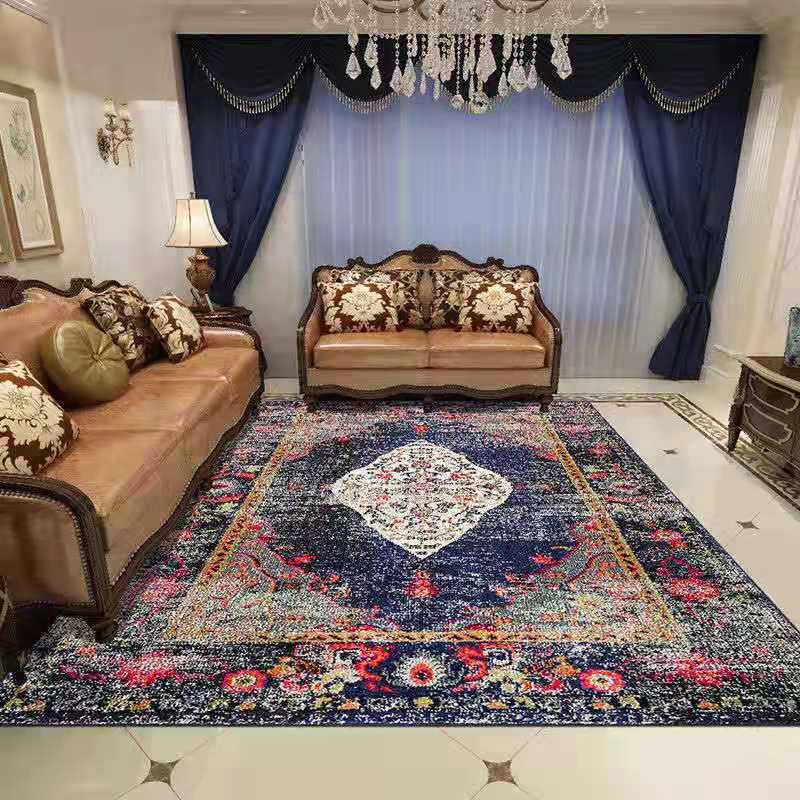 Navy Traditional Carpet Polyester Graphic Carpet Stain Resistant Carpet for Living Room