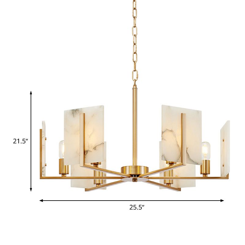 6 Lights Chandelier Pendant Light Colonial Expose Bulb Metal Suspension Lamp in Gold with Rectangle Marble Panel