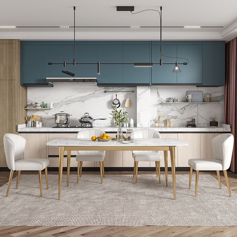 Luxury Sintered Stone Dining Table Rectangle Table with Metal Base and 4 Legs in Gold