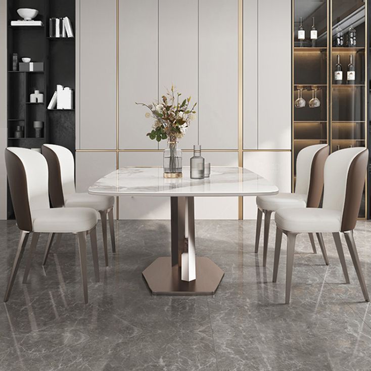 Modern Dining Table Rectangle Stone Top Table with Stainless Steel Pedestal Base