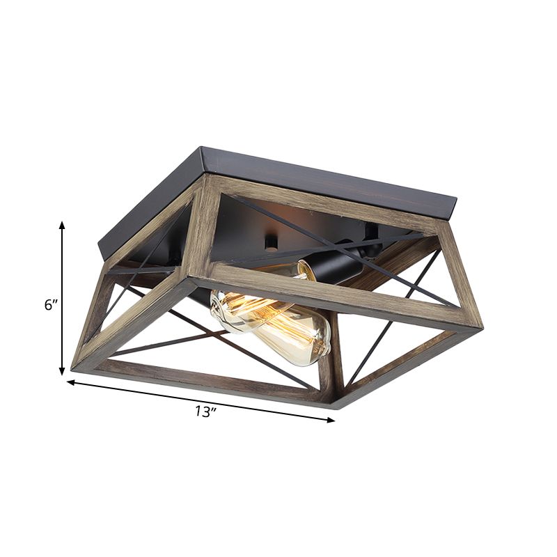 Cuboid Wood Frame Ceiling Lamp Farmhouse 2-Light Brown Flush Mount Light Fixture