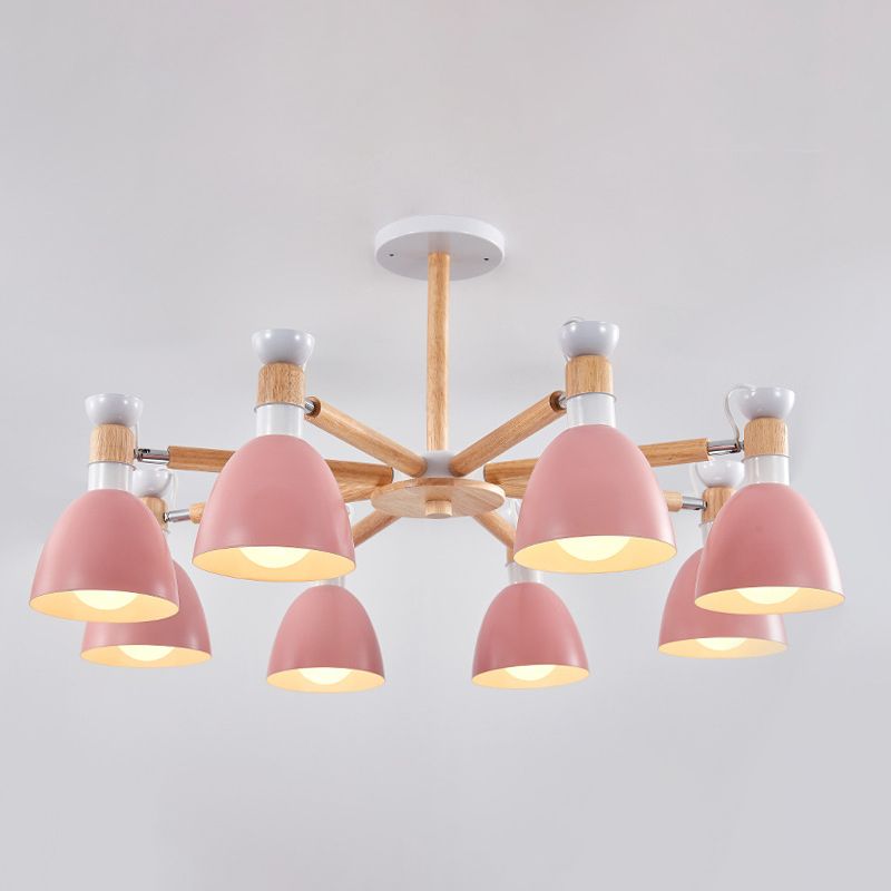 Macaron Style Bell Chandelier Lighting Metal Bedroom Hanging Light avec une tige en bois