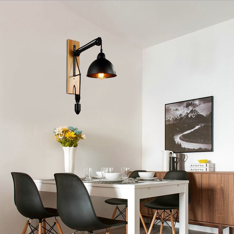 Domed Indoor Wall Mount Light Industrial Metal 1 Head Black Sconce Light with Beige/Brown Wood Backplate and Pulley
