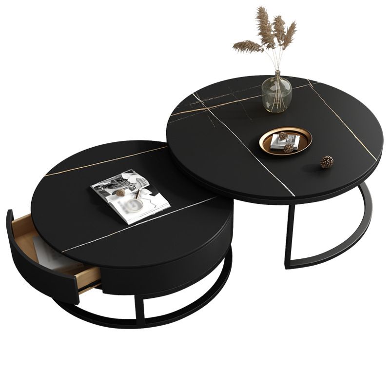 Modern Style Round Black and White Slate Top Nesting Coffee Table