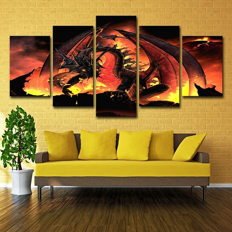 Fire Dragon Art Print Orange Canvas Made Wall Decor for House Interior, Multi-Piece