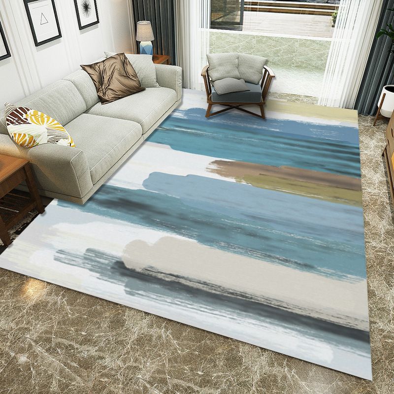 Unique Brushstroke Pattern Rug Blue and White Contemporary Rug Polyester Washable Non-Slip Carpet for Living Room