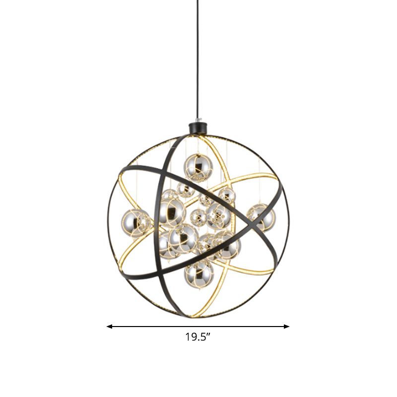 19.5"/31.5" W Black LED Pendant Chandelier Industrial Iron Globe Ceiling Hang Light with Ball Chrome Glass Shade