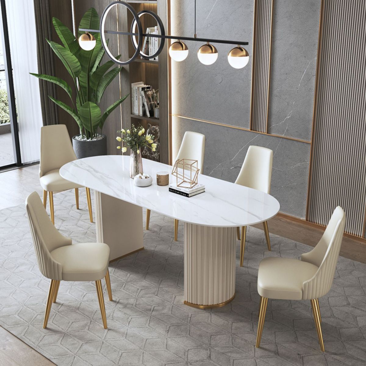 Traditionele luxe ovale eettafel Gesinterde stenen tafel met dubbele voetstukbasis