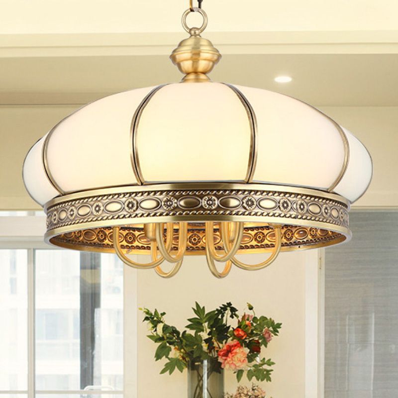 Colonial Oval Hanging Pendant 6 Heads Frosted White Glass Chandelier Lighting Fixture in Gold