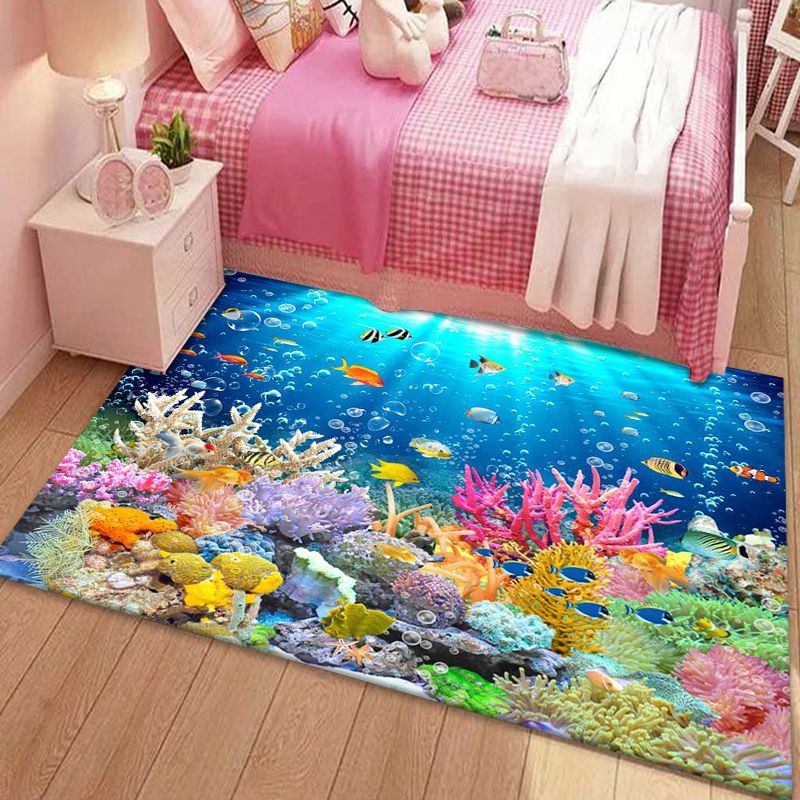 Ocean Blue Modern Rug Blending Fishes Indoor Rug Non-Slip Backing Rug for Living Room