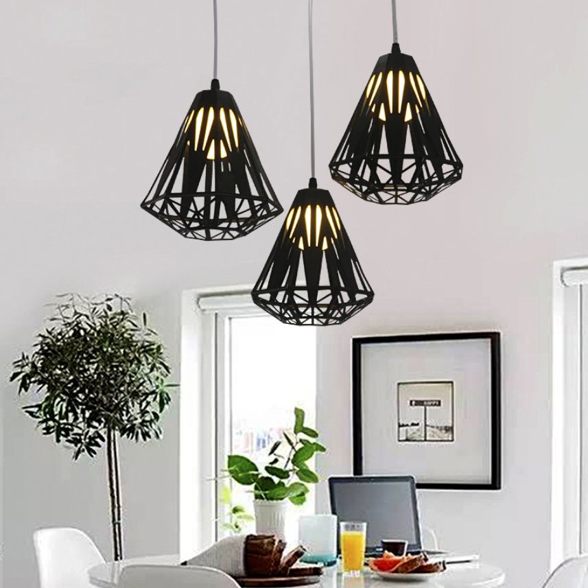 Loft Stylish Wire Cage Suspension Light 3 Heads Metal Ceiling Fixture with Diamond Shade in Black/White