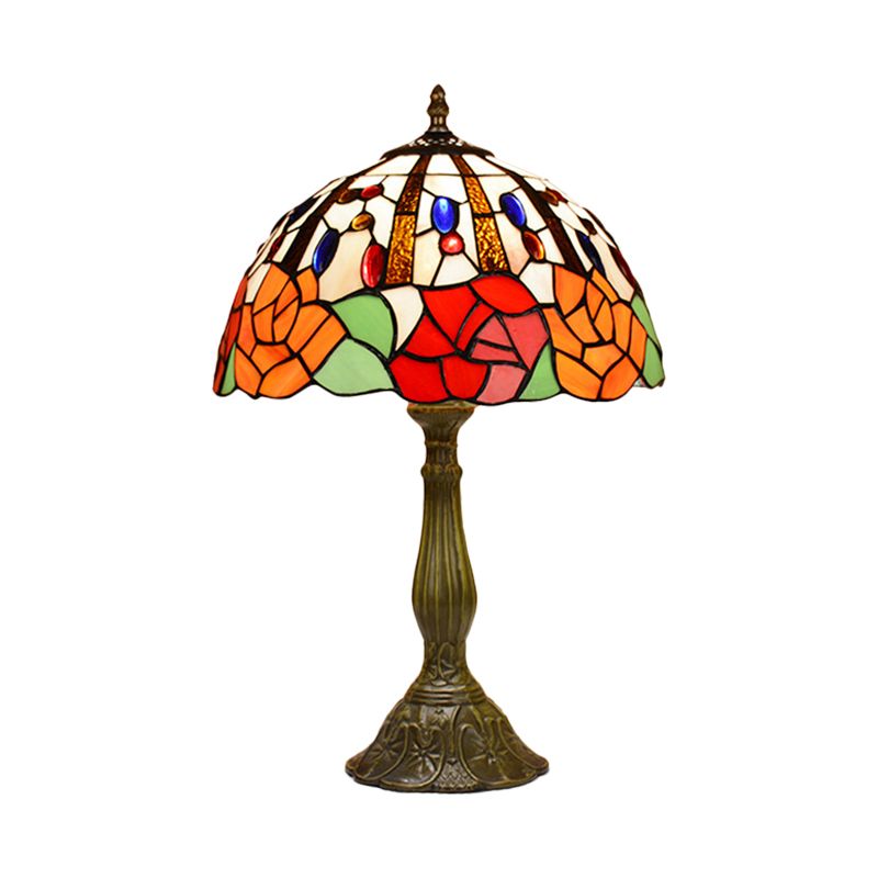 Lampada da tavolo floreale in stile vittoriano Lampada da comodino in vetro colorato rosso/arancione a 1 testa per camera da letto