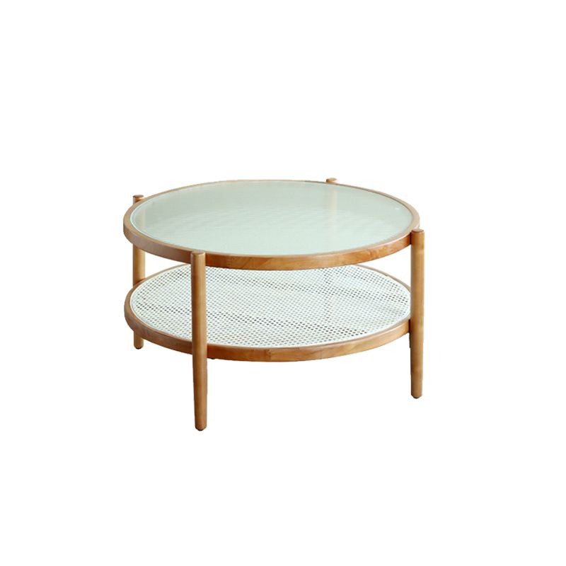 Round Glass/ Wood Top Coffee Table 4 Legs Cocktail Table with Shelf