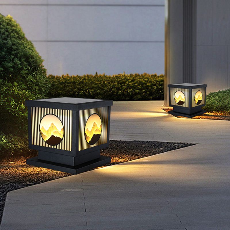 Modern Metal Solar Pillar Lamp Square Shape Outdoor Waterproof Light in Black