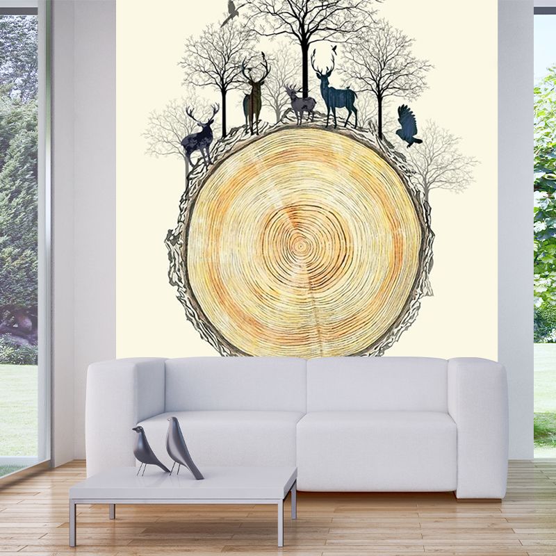Decorative Deers Wall Mural Decal Beige Wood Trunk Wall Art for Living Room, Optional Size