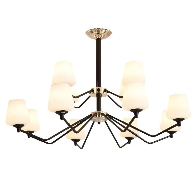 Opal Glass Black Pendant Lamp Sputnik 12 Lights Traditional Chandelier Light Fixture with Cup Shade