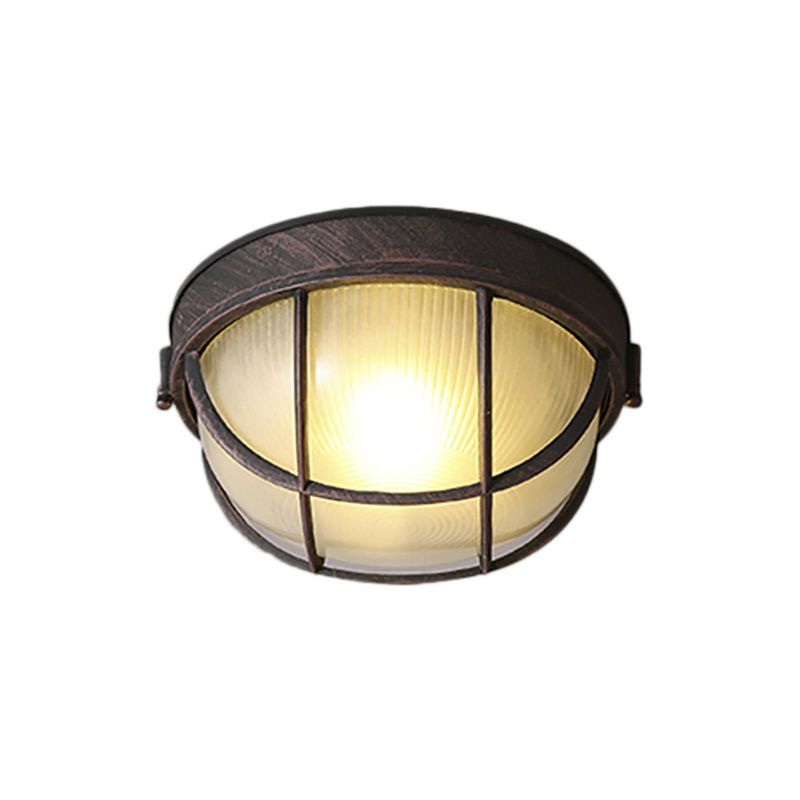 Rust Single Light Ceiling Lighting Rustic Ribbed Glass Dome Flush Fixture with Cage
