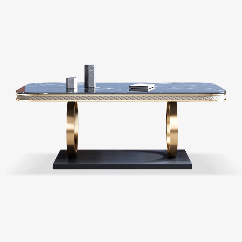 Mesa de comedor de piedra sinterizada de lujo, mesa rectangular con pedestal de metal dorado