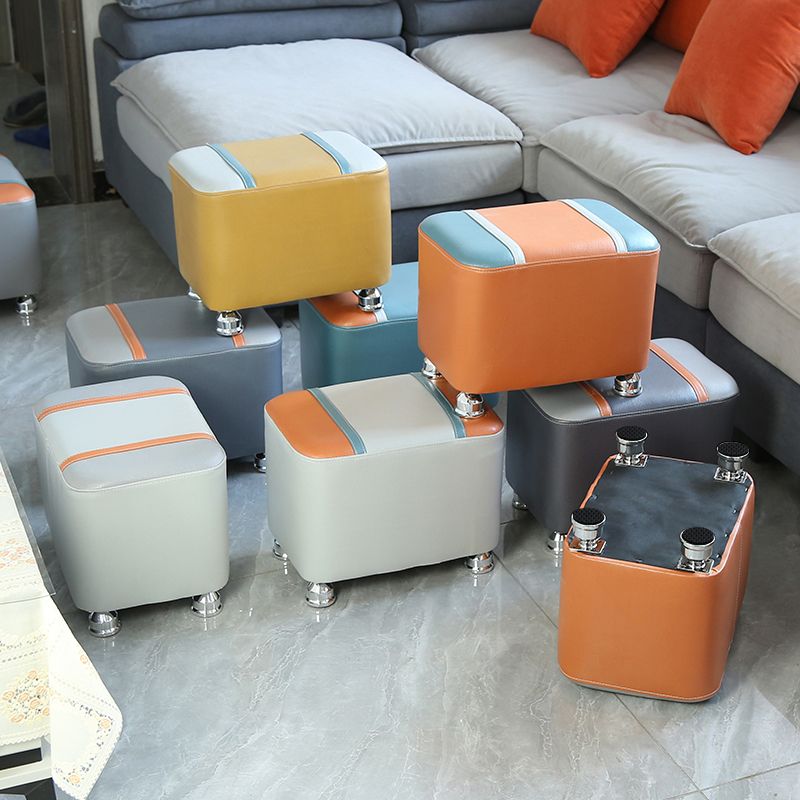 Contemporary Standard Faux Leather Upholstered Patchwork Rectangle Ottoman Indoor