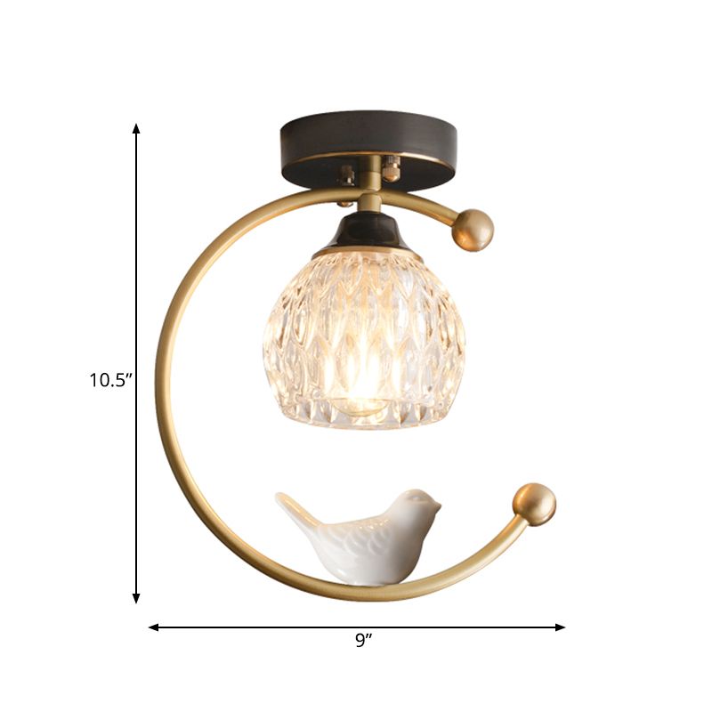 Domina de vidrio con textura Semi Flush Mount Farm 1 Cabeza de comedor Lámpara de techo con latón C Brazo y decoración de pájaros