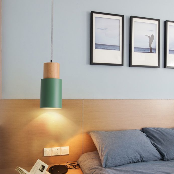 Wooden Cylindrical Single Pendant Light in Modern Concise Style Aluminium Macaron Hanging Lamp