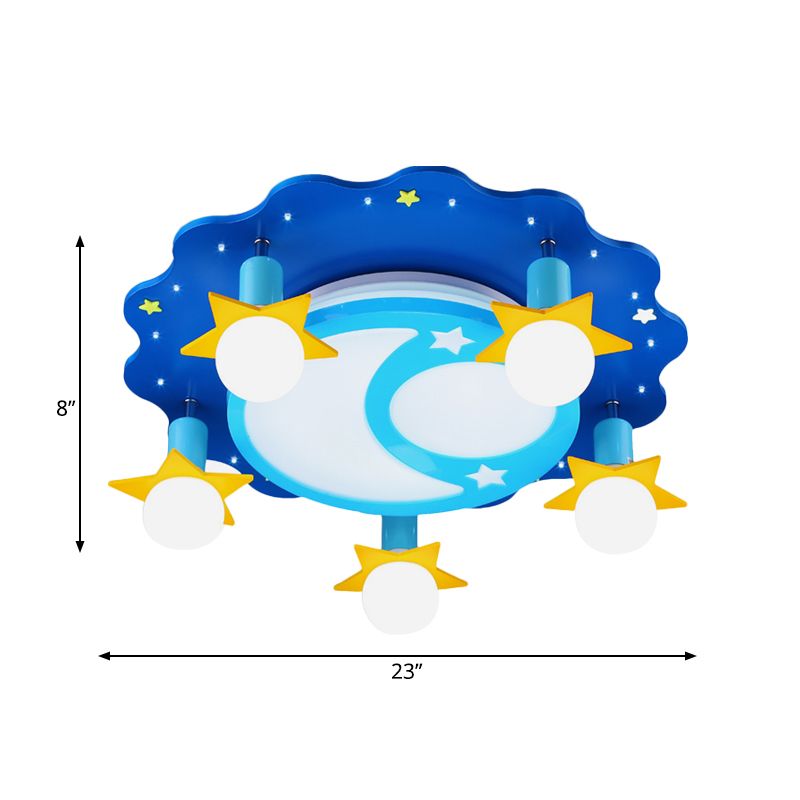 Crescent and Starry Sky Ceiling Flush Cartoon Opal Glass 5 Bulbs Nursery School Flush Mount Lighting in Blue
