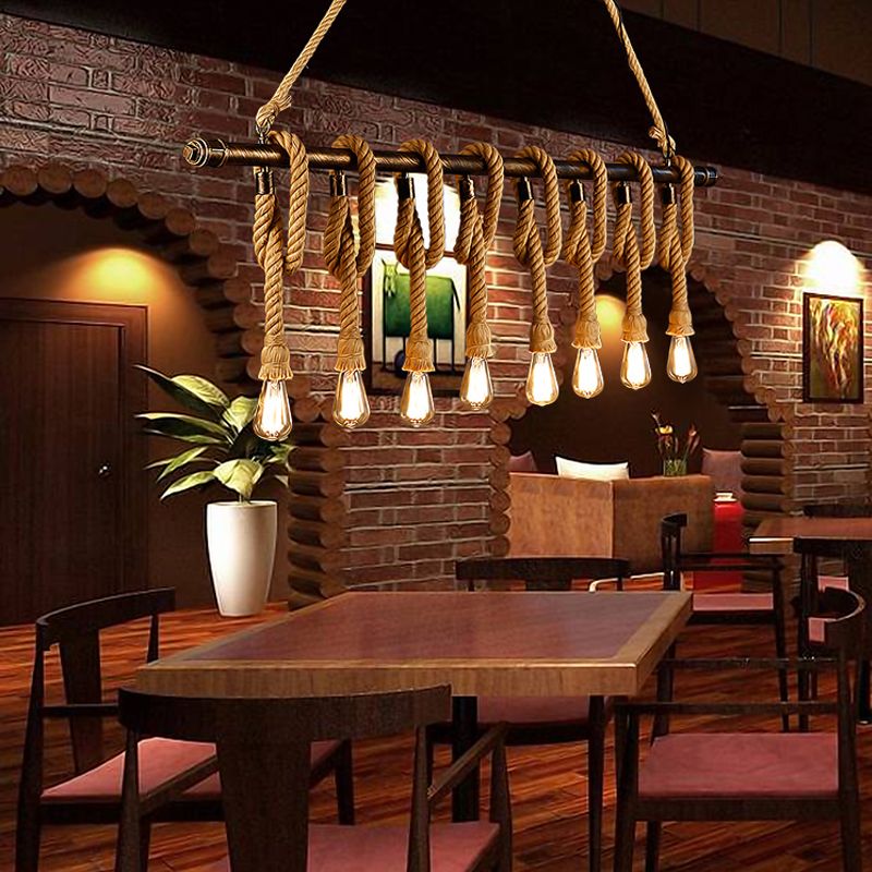 Verstelbaar touw blootgesteld eilandlicht retro industrieel 5/6-licht restaurant eiland plafondlicht in beige/lichtgeel