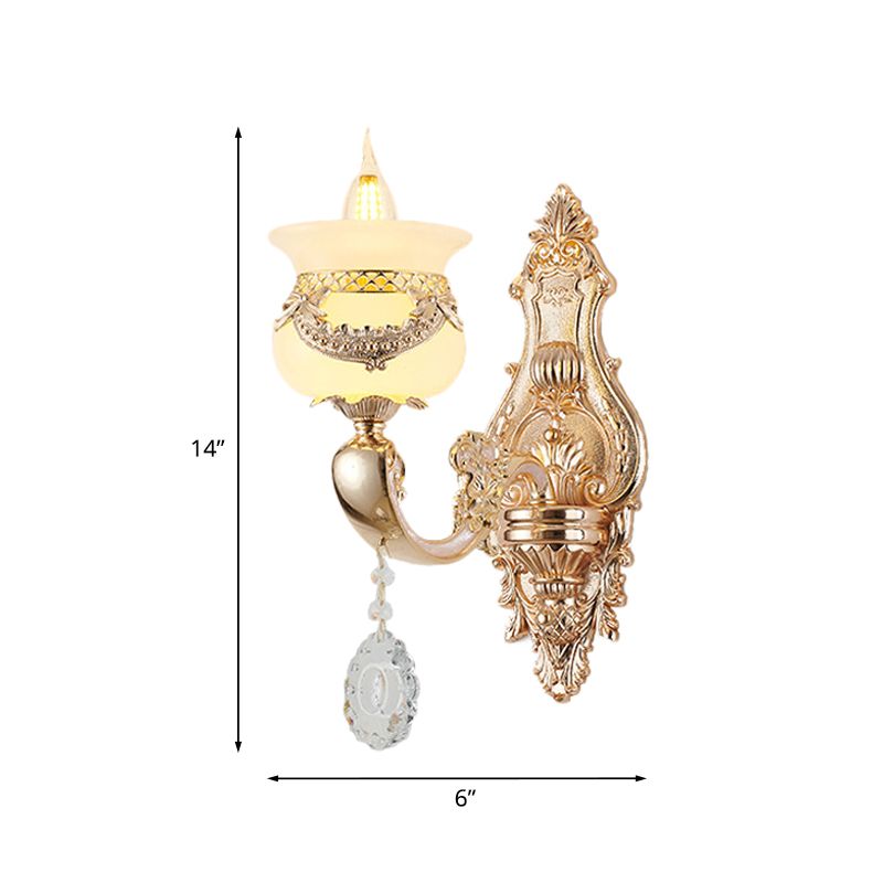Gold Candlestick Sconce Lamp Traditional Jade 1/2-Light Living Rom Wall Light with Dangling Crystal