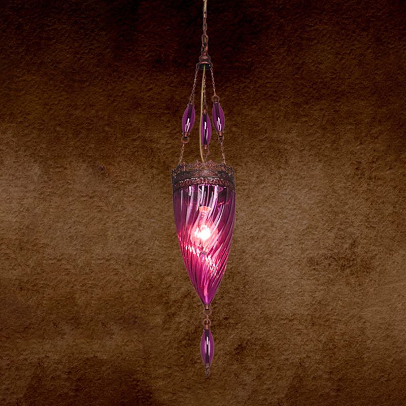 Cone Dining Room Hanging Ceiling Light Moroccan Red/Blue/Green Textured Glass 1 Light Down Lighting