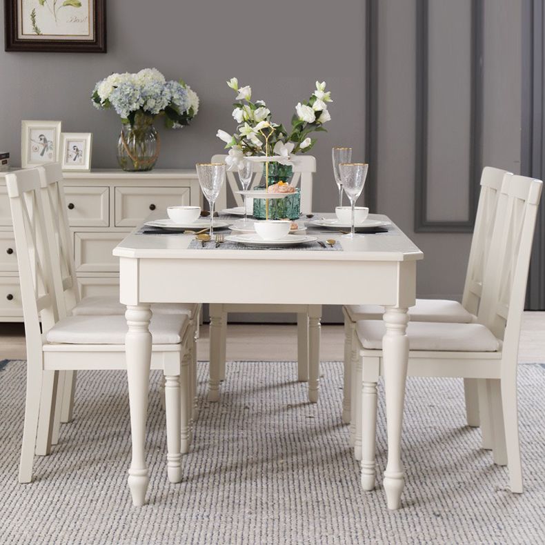Rectangle 4 Legs Mid-Century Dining Table White Tone Fixed Table of Solid Wood
