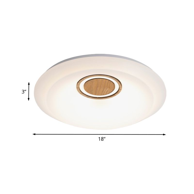 White Round Ceiling Mounted Fixture Modernist LED Acrylic Flush Lighting in Warm/White Light with Wood Detail
